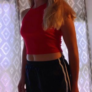 red ribbed halter top
